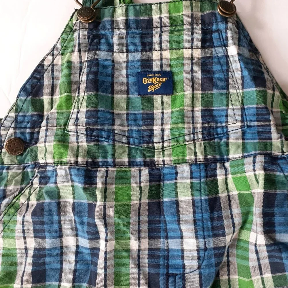 Oshkosh Boys Overall Shorts Green Blue Plaid Shoralls 18 Months